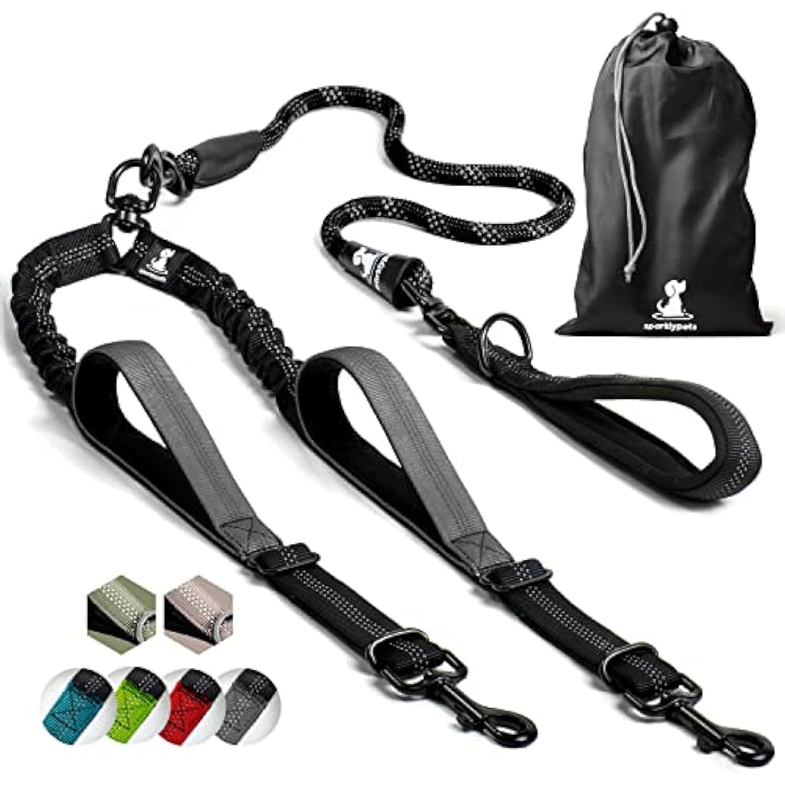 SparklyPets Double Dog Leash – Tangle-Free Bungee Dual Leash for 2 Dogs