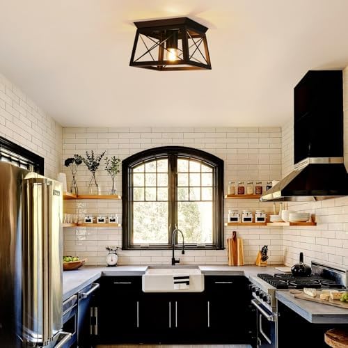 FORCOSO Industrial Flush Mount Ceiling Light – Matte Black Metal Square