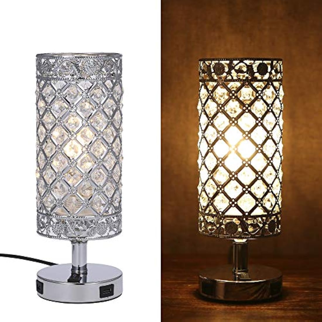 Tomshine Crystal Bedside Table Lamp with Dual USB Ports – Silver