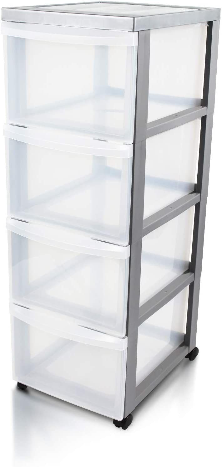 Iris Ohyama 4-Drawer Plastic Storage Tower with Wheels | A4 Silver Organiser