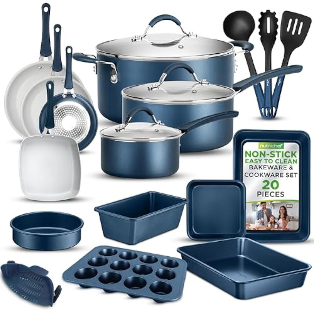 NutriChef 20-Piece Non-Stick Cookware and Bakeware Set – Navy Blue