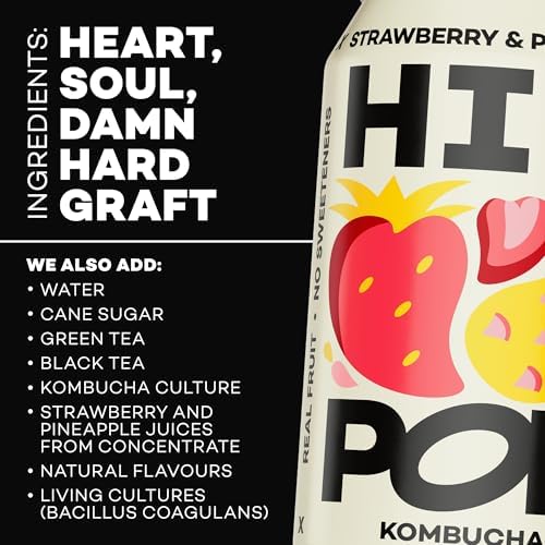 Hip Pop Strawberry & Pineapple Kombucha – Vegan Probiotic Drink, 24 x 330ml
