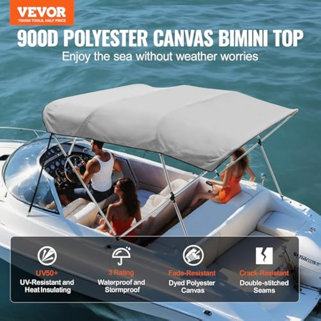 VEVOR 4 Bow Bimini Top Boat Cover | 900D Polyester Canopy | 91"-96"W Light Grey