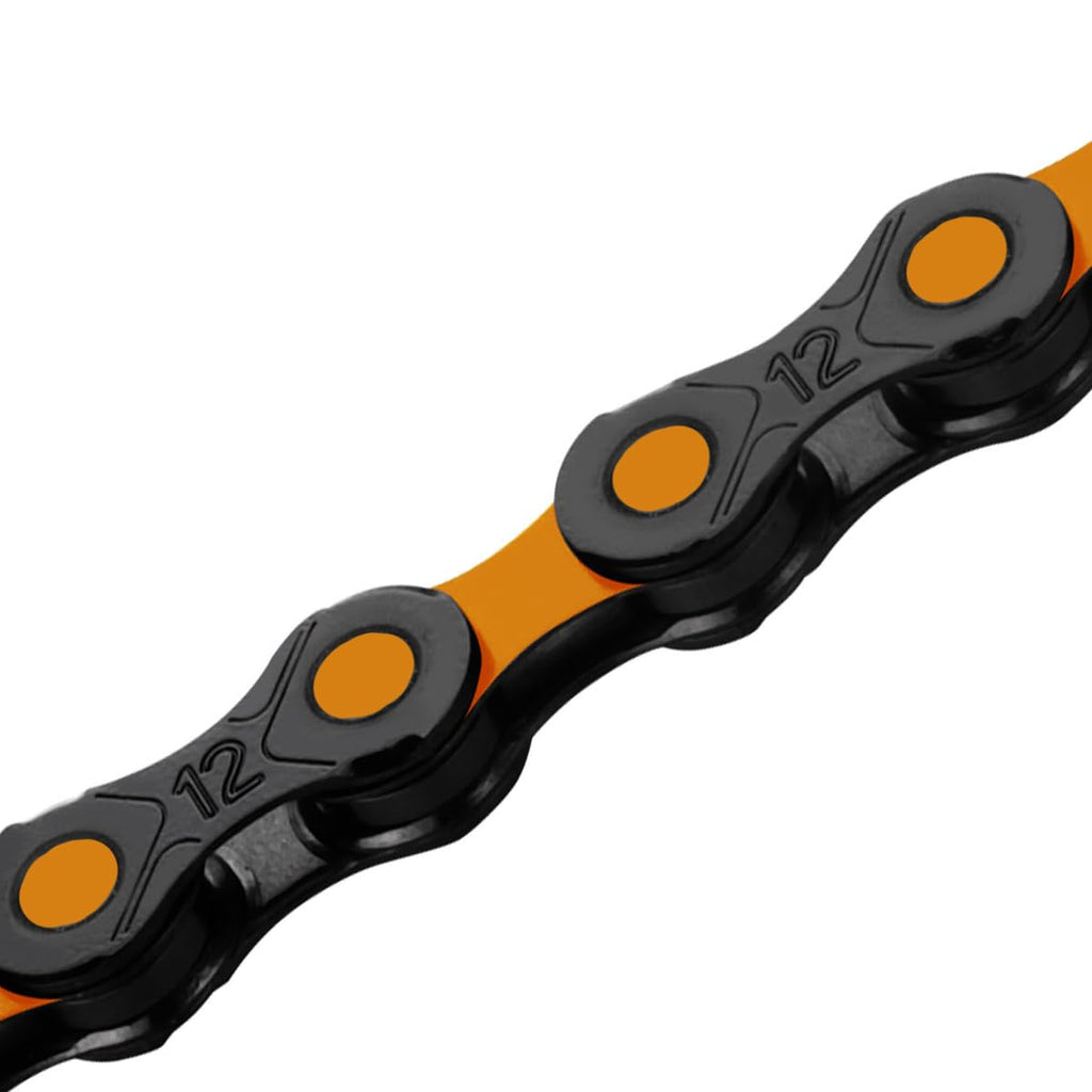 KMC DLC 12 Speed Chain – 126 Link MTB & E-Bike Chain, Black/Orange