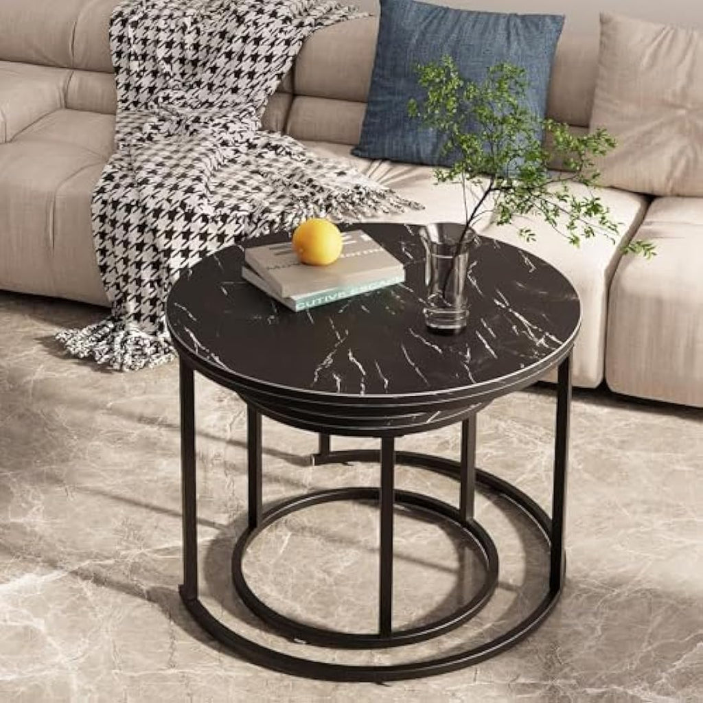 Huhote Round Nesting Coffee Tables - Set of 2 Black Marble Side Tables