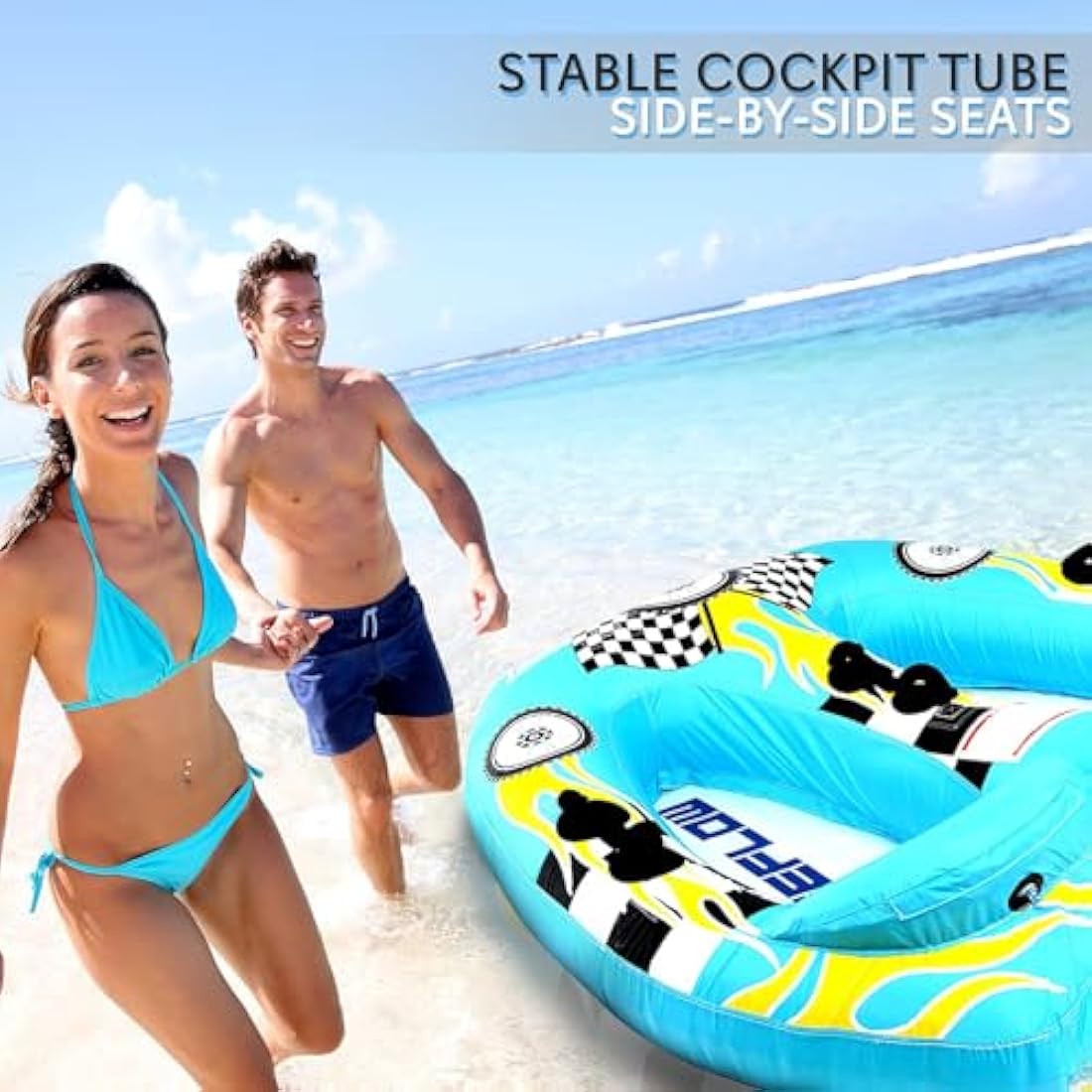 SereneLife 2-Person Inflatable Towable Tube – Blue PVC Water Raft
