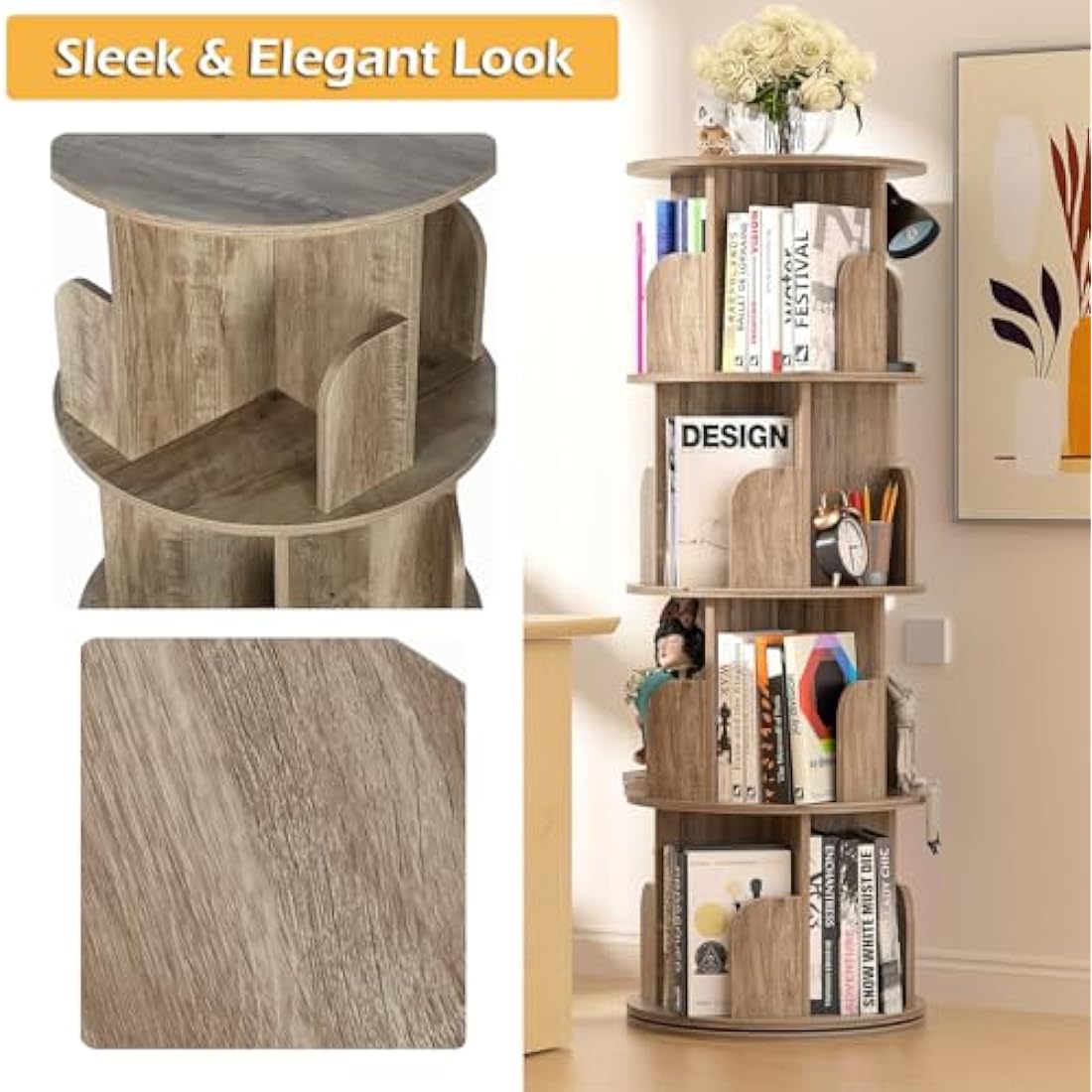 Nisorpa 4-Tier Rotating Bookshelf | 360° Spinning Wooden Bookcase