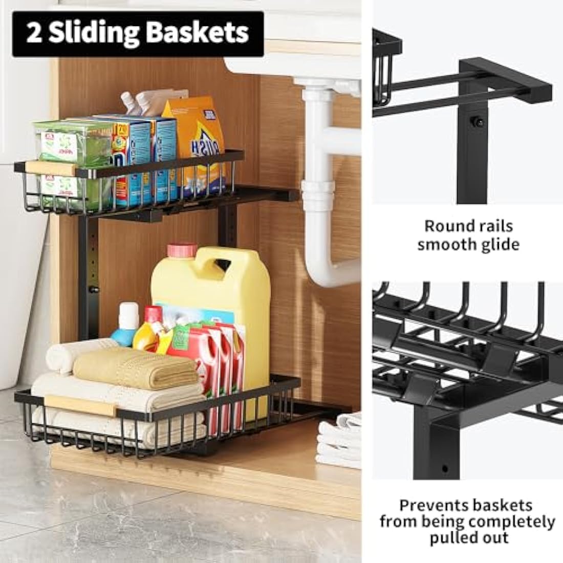 ROLIZOE Under Sink Storage - 2 Tier Height Adjustable Sliding Organiser