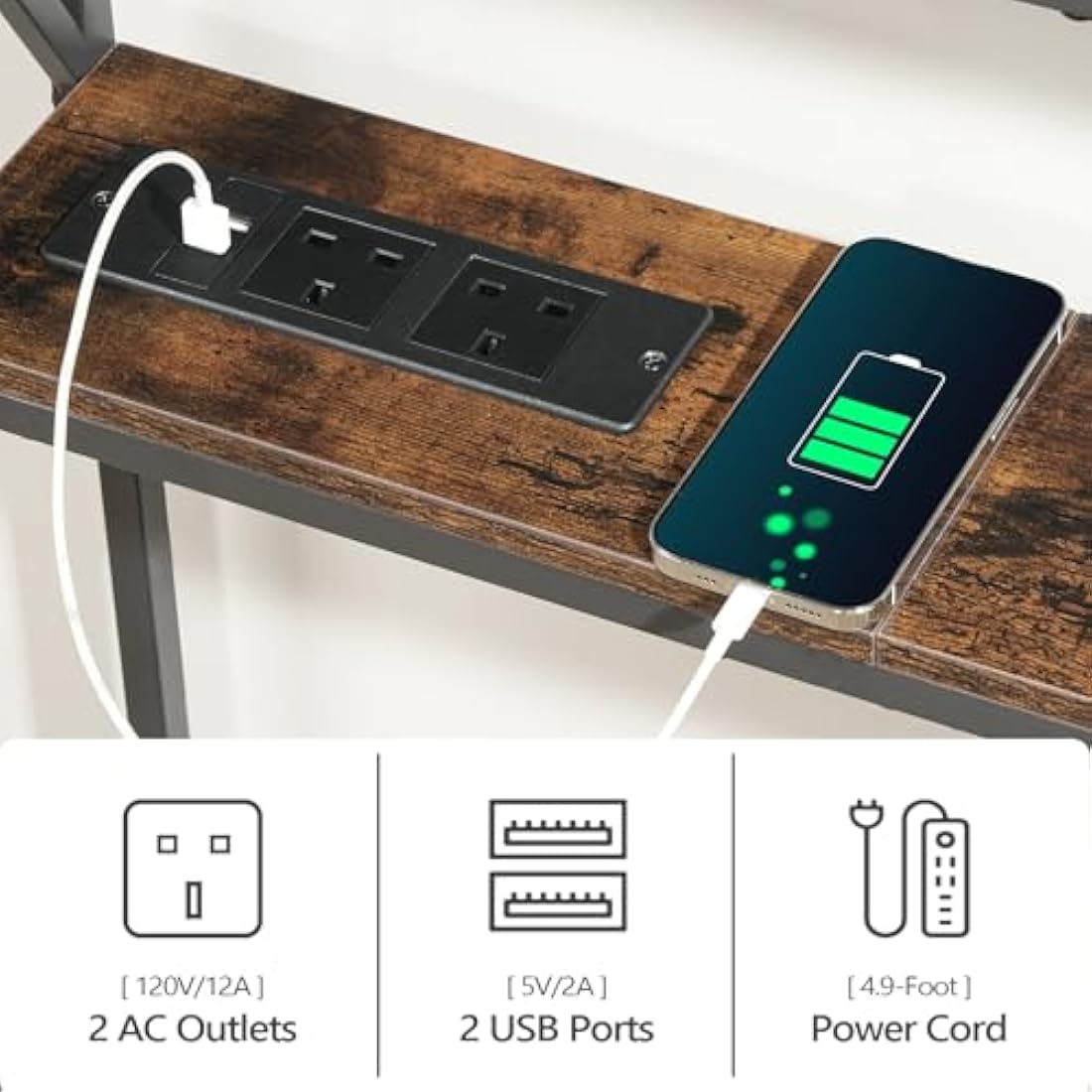 MAHANCRIS Narrow Console Table with Charging Station | Rustic Brown
