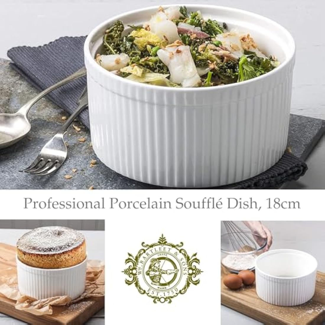 WM Bartleet & Sons Porcelain Soufflé Dish – 18cm White Baking Bowl
