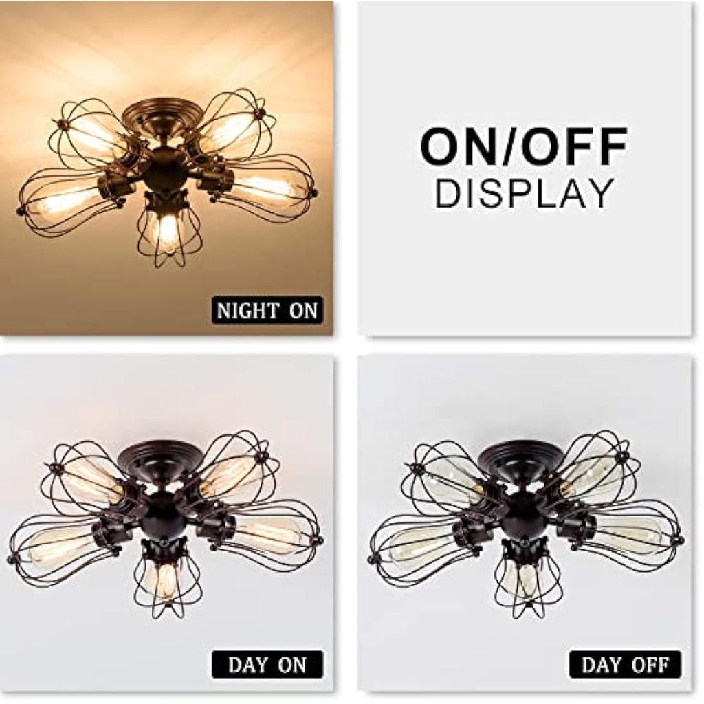 LULING Vintage Industrial Wire Cage Ceiling Light – 5-Light Rust Metal