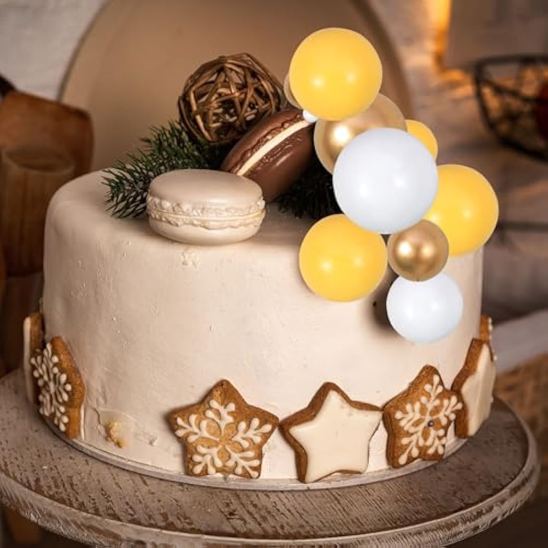 Gyufise 30Pcs Foam Ball Cake Toppers – Yellow Gold White Cupcake Decor