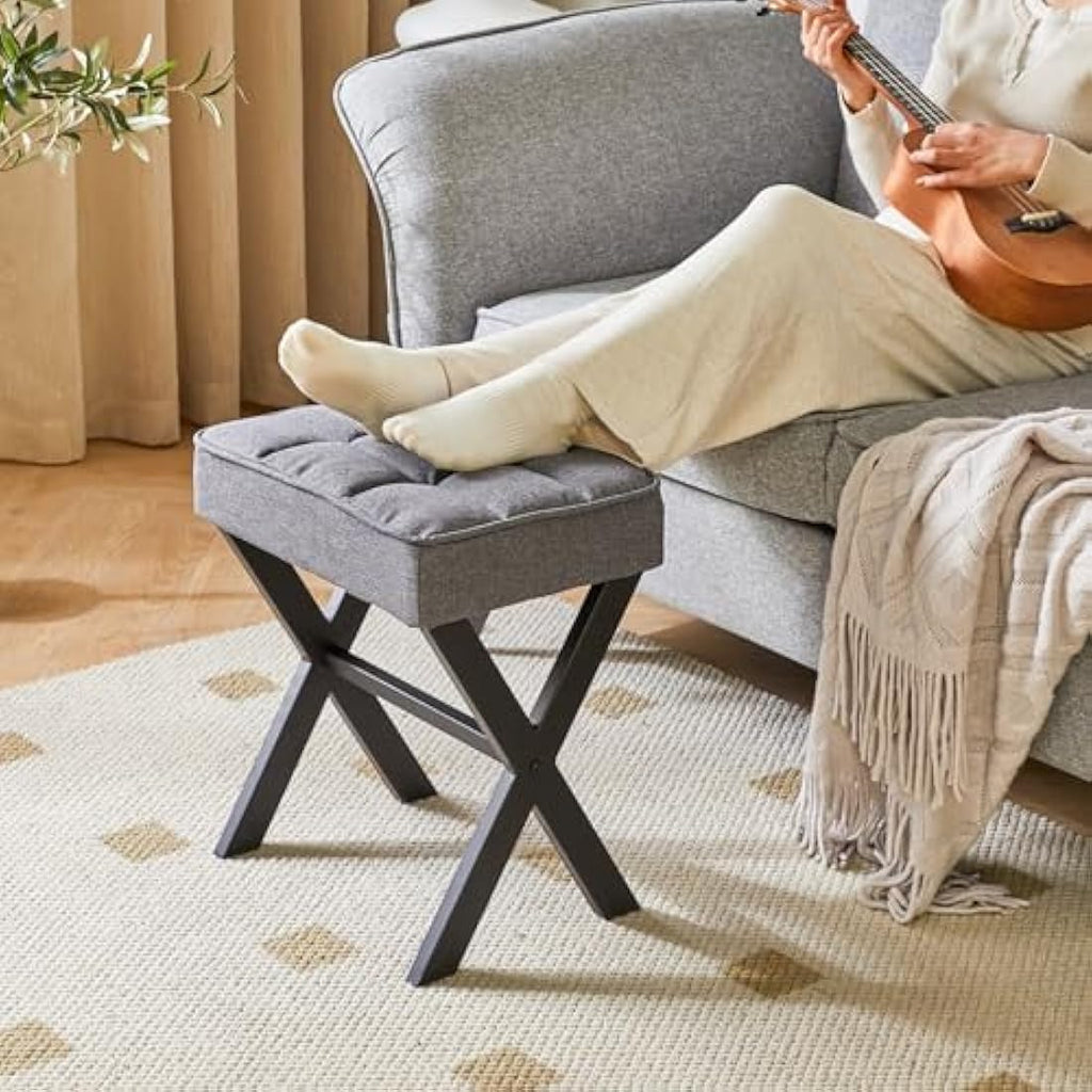 IBUYKE Dark Gray Linen Makeup Stool – Square Vanity Ottoman Footrest