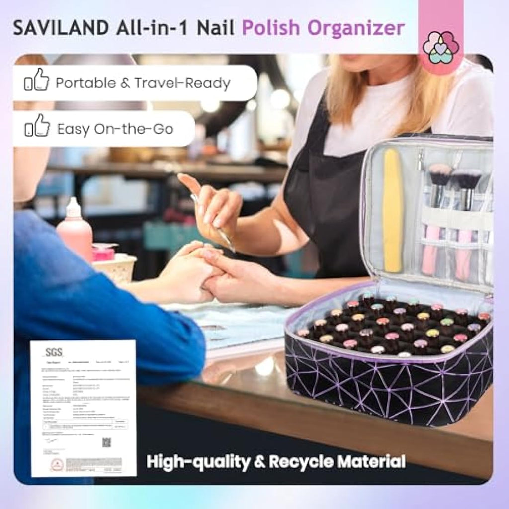 Saviland Nail Polish Organizer Bag - PU Leather Case for 30 Bottles & Lamp