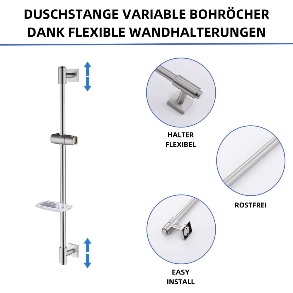 HomeHeng 80cm Shower Riser Rail | Brushed Nickel Slide Bar with Soap Dish