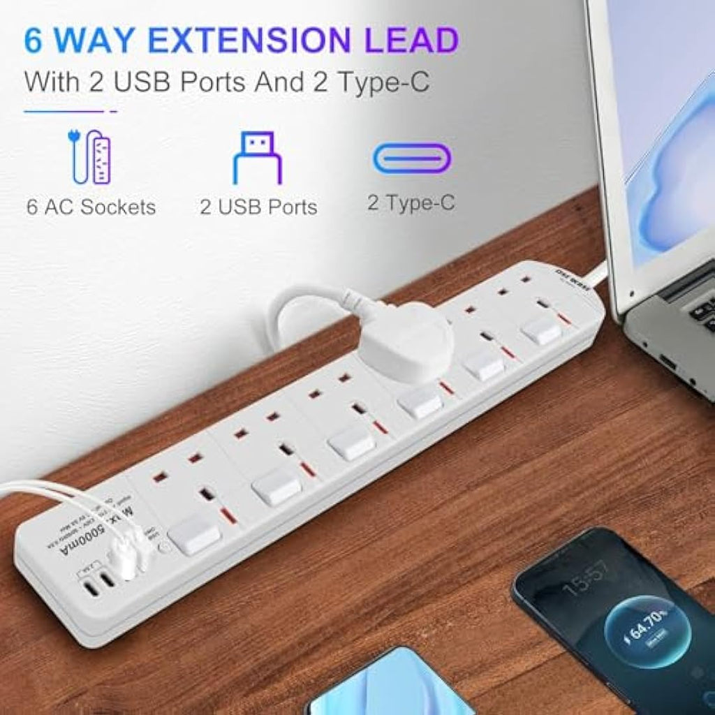 SE UKASE 6 Way Extension Lead with USB & Type C | 2M Wall Mount Power Strip