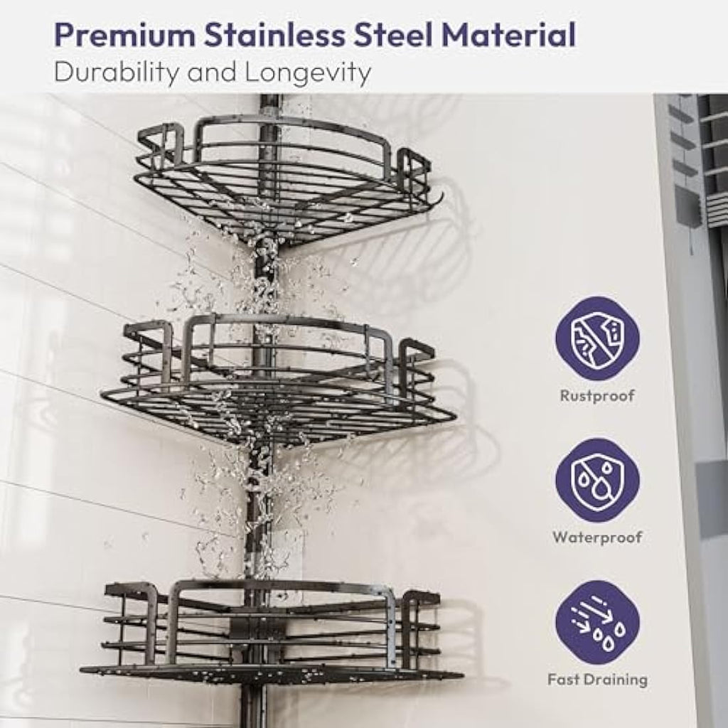SWTYMIKI Tension Pole Shower Caddy – Rustproof Corner Shelf with 4 Baskets