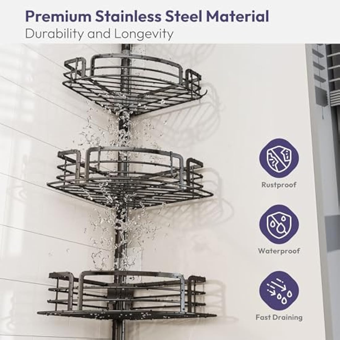 SWTYMIKI Tension Pole Shower Caddy – Rustproof Corner Shelf with 4 Baskets