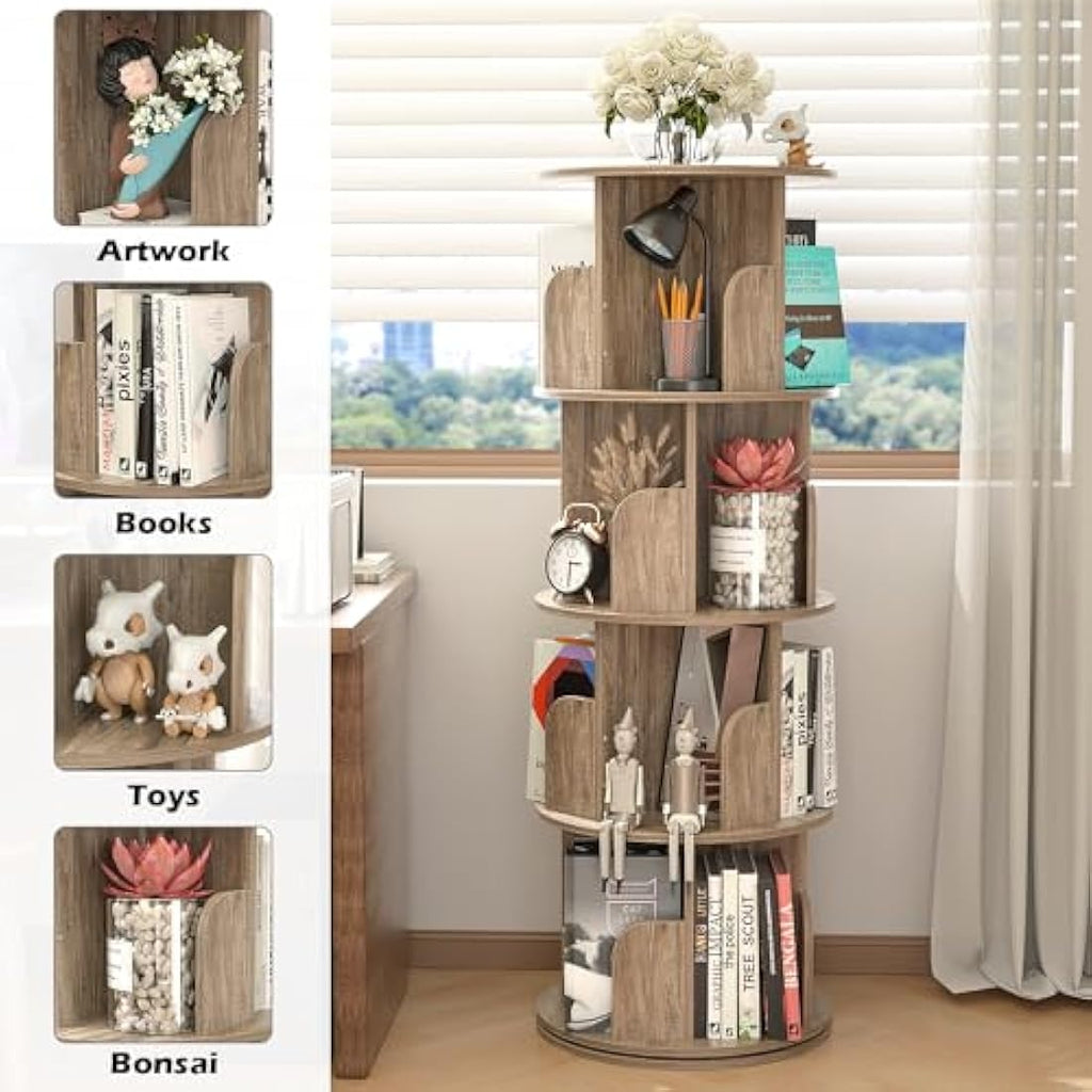 Nisorpa 4-Tier Rotating Bookshelf | 360° Spinning Wooden Bookcase