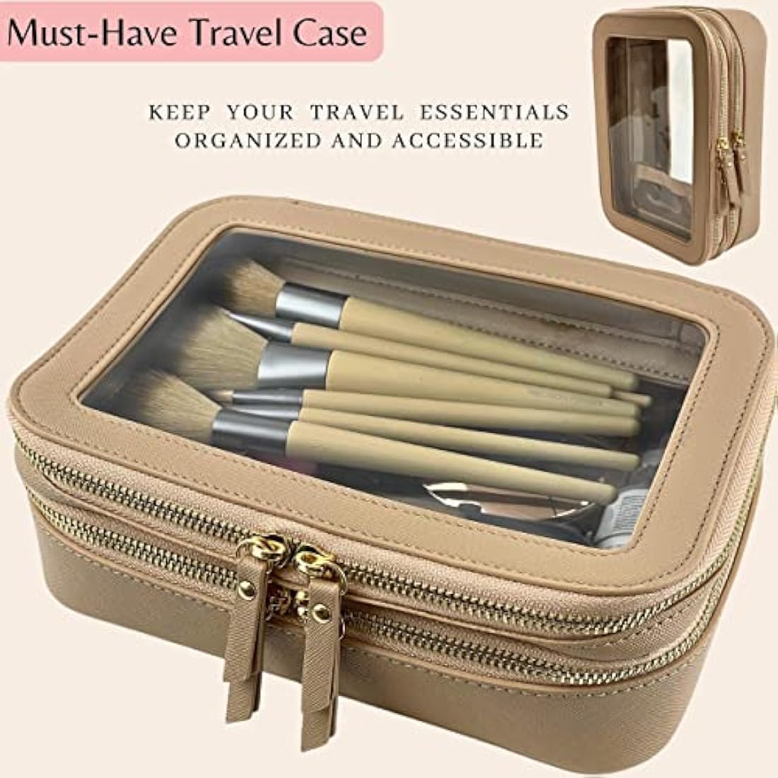 JAZD Clear Makeup Organizer | Large Travel Cosmetic Bag - Beige Saffiano