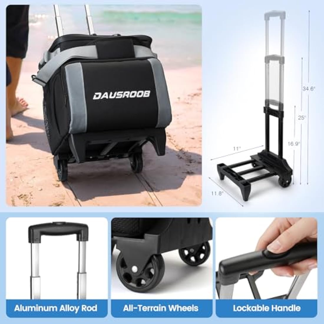 DAUSROOB Rolling Cooler | 48-Can Insulated Soft Sided Wheeled Ice Chest