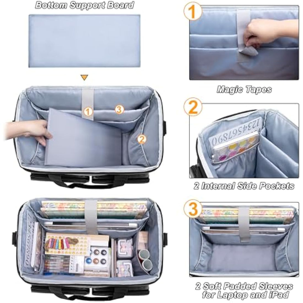 CURMIO Rolling Scrapbook Tote | Wheeled Craft Bag with Laptop Sleeve – Grey