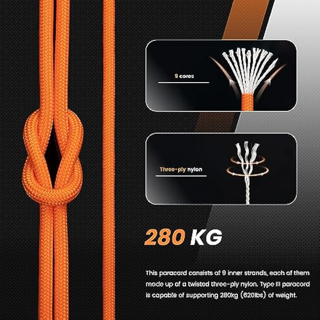 Abma Cord 4mm Nylon Paracord – 100m Type III 9-Strand Rope, Orange