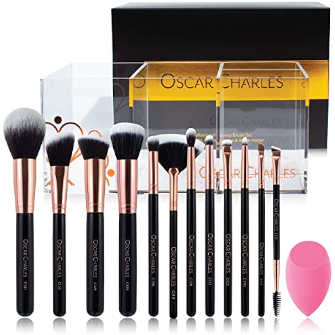 Oscar Charles 12-Piece Professional Makeup Brush Set with Holder – Rose Gold