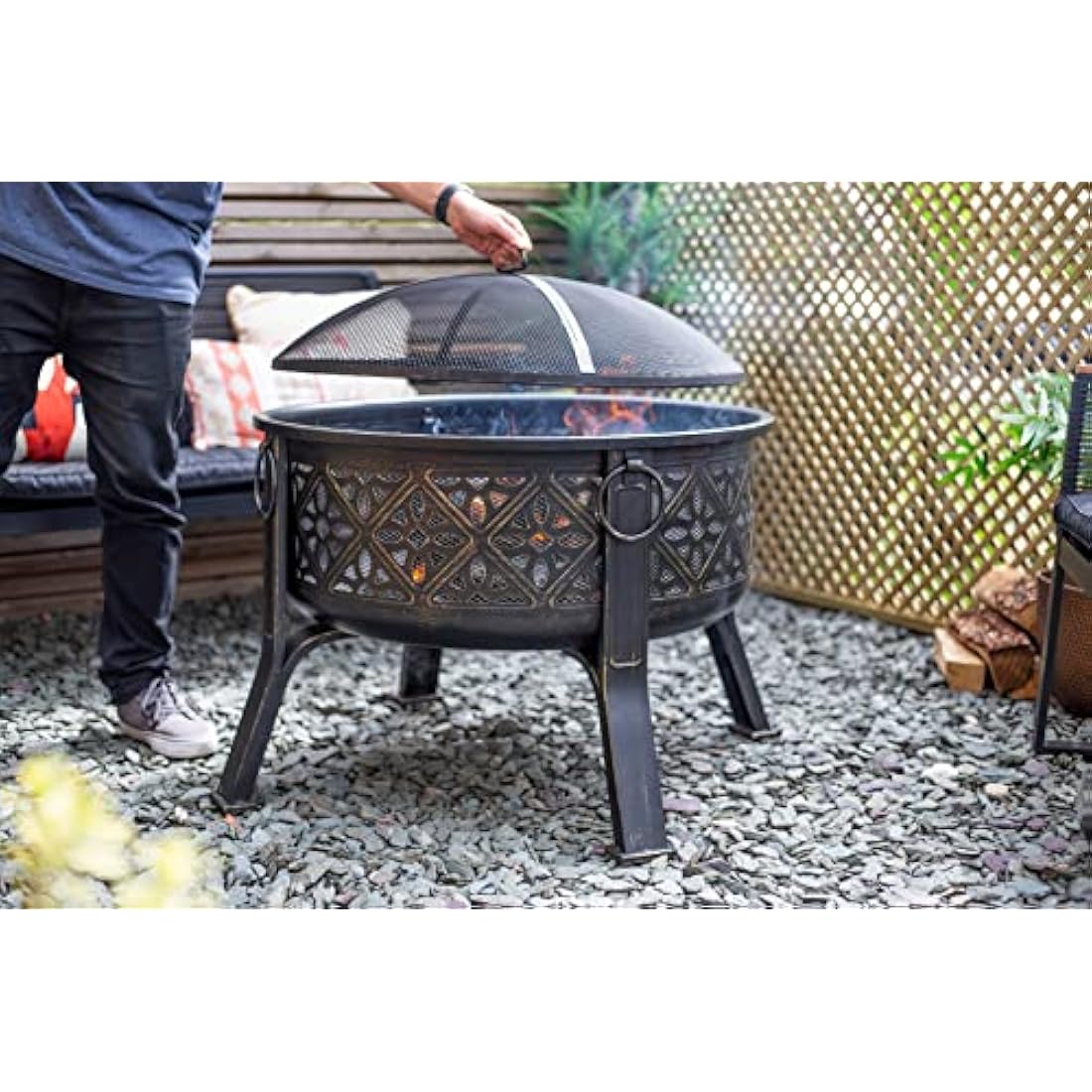 La Hacienda Moresque Deep Steel Firepit with BBQ Grill – Large Bowl