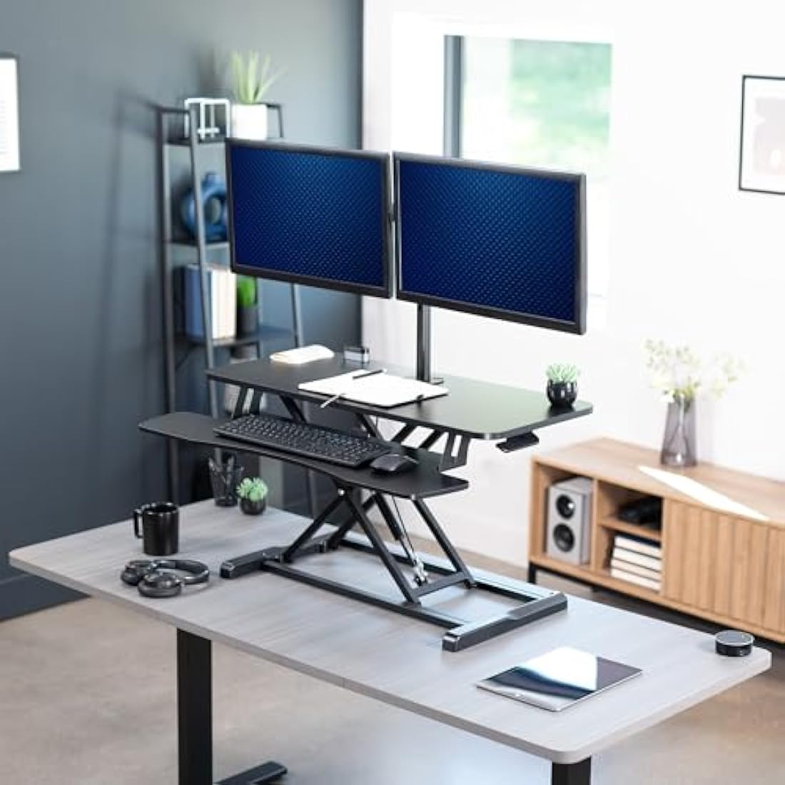 VIVO 91cm Standing Desk Converter | Dual Monitor Mount Riser - Black