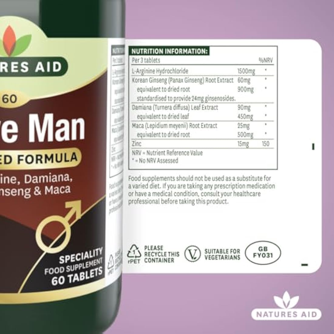Natures Aid Active Man Supplement – Zinc, Maca & Ginseng – 60 Tablets