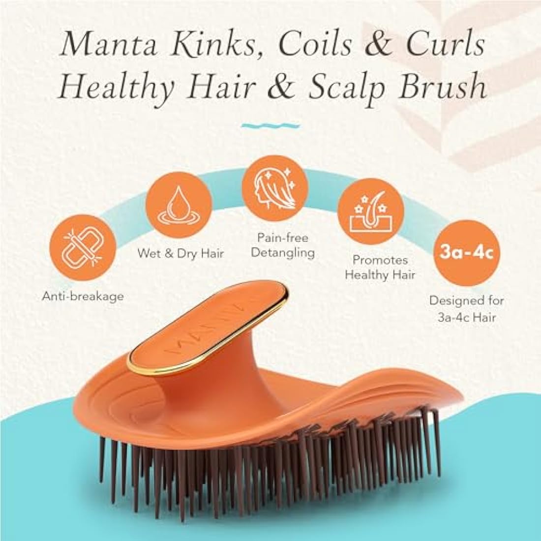 Manta Curls Anti-Breakage Detangling Brush for Curly & Afro Hair, Orange