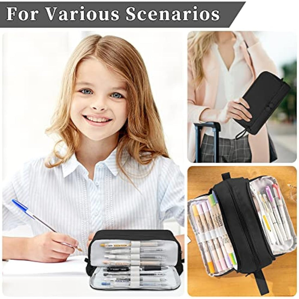 Tesmien Large Pencil Case | 4-Compartment Canvas Stationery Bag - Black