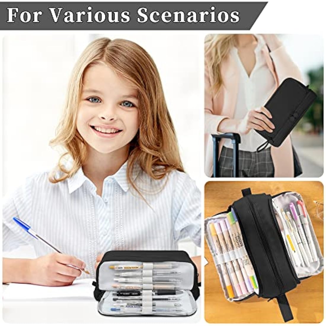 Tesmien Large Pencil Case | 4-Compartment Canvas Stationery Bag - Black