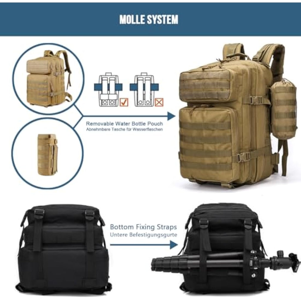 MUCHER 45L Military Tactical Backpack | Molle Survival Rucksack with Bottle Holder