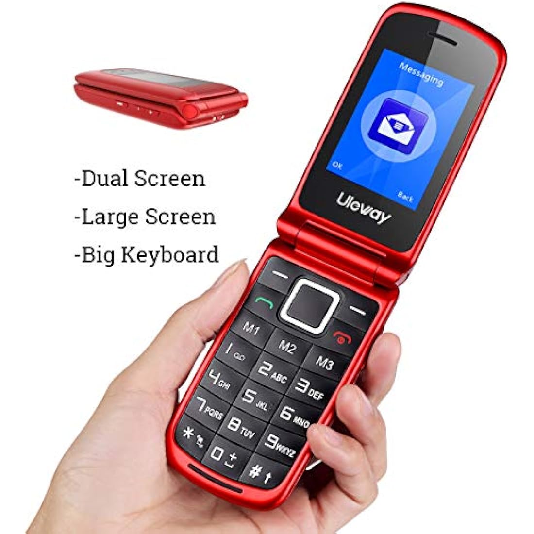 Uleway Senior Flip Mobile Phone – Big Button Unlocked SOS Phone, Red