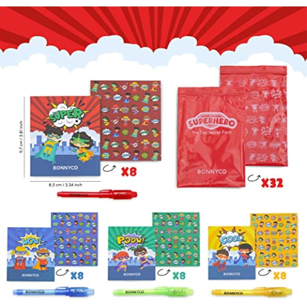 BONNYCO Superhero Invisible Ink Pen and Notebook Set - 32 Pack Party Fillers
