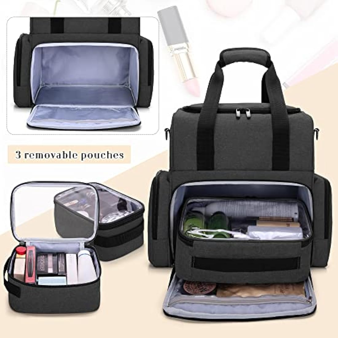 BAFASO 2-Layer Travel Makeup Bag with Removable Pouches - Black Nylon