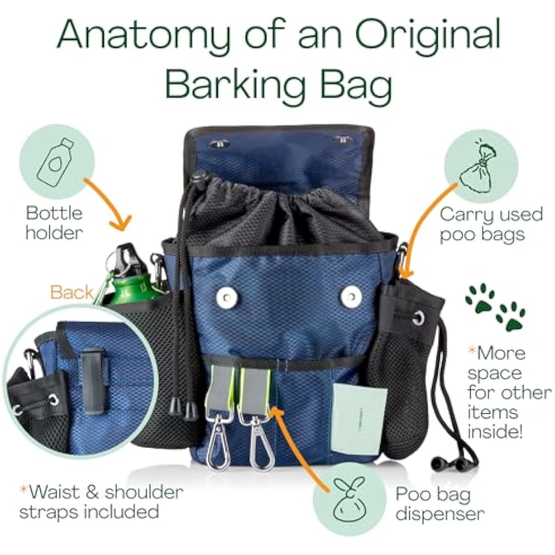 Barking Bags Original Dog Walking Bag – Blue Water-Resistant Fabric