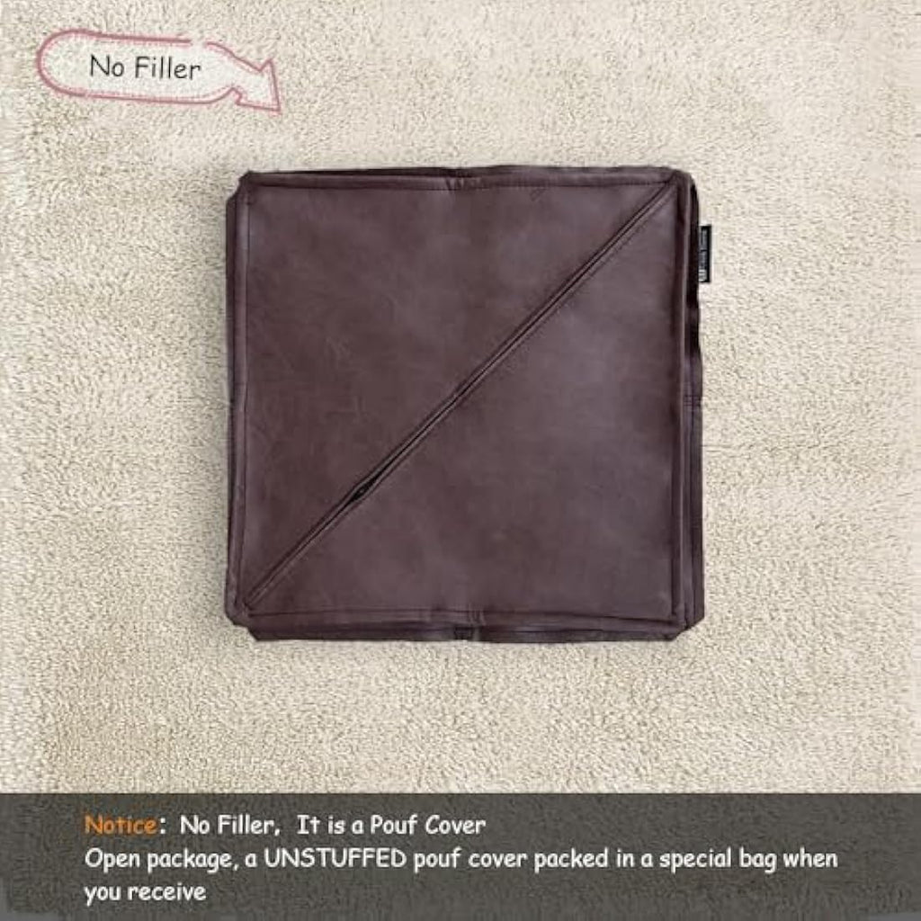 Louis Donne Square Faux Leather Pouf – Unstuffed Moroccan Ottoman, Brown