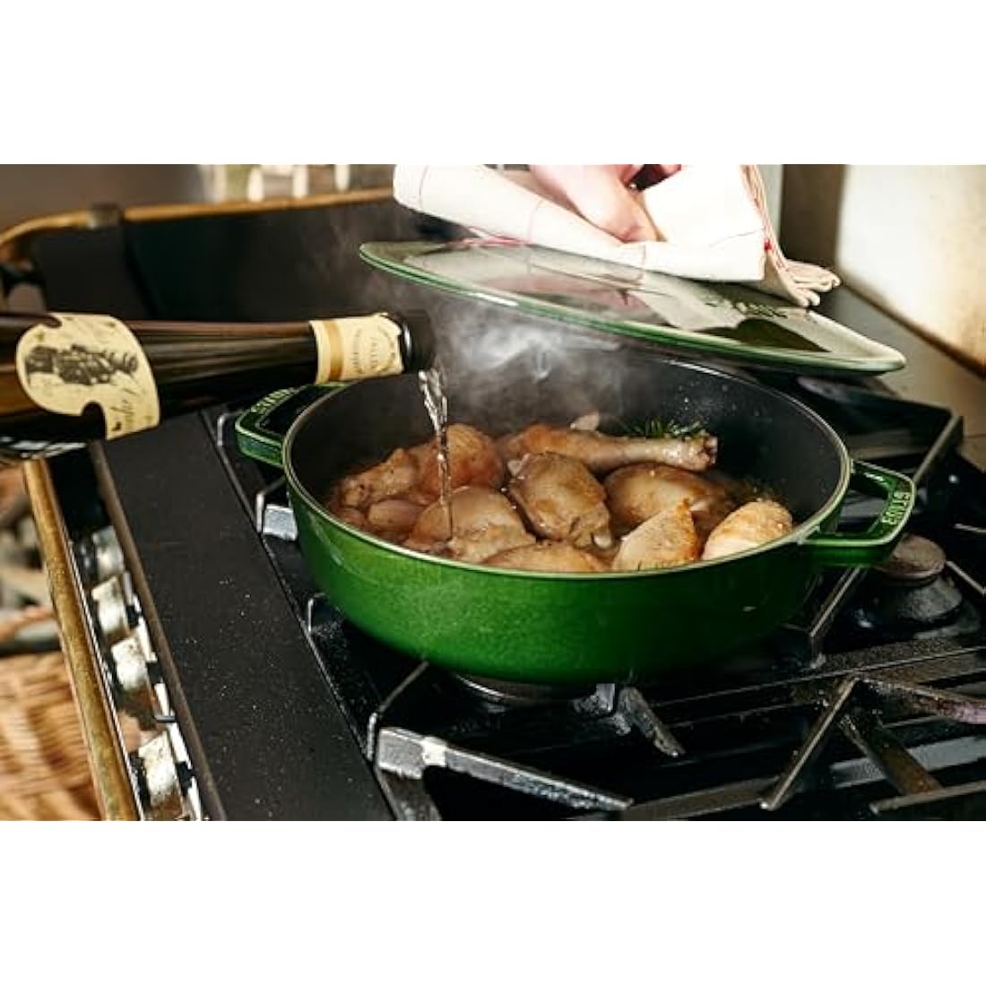Staub Cast Iron Chistera Sauté Pan - 28 cm Round Casserole, Basil Green