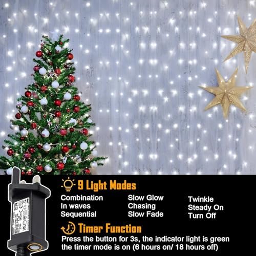 Yowin 600 LED Curtain Lights | 6m x 3m Waterproof Fairy Lights - White