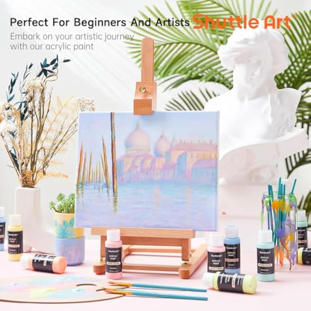 Shuttle Art Pastel Acrylic Paint Set - 30 Colors & 10 Brushes for Canvas