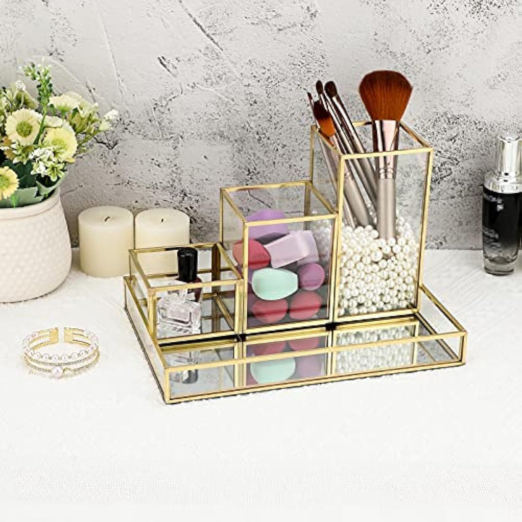 Jolof Store Gold Glass Makeup Organizer – Stackable Brush Holder & Tray
