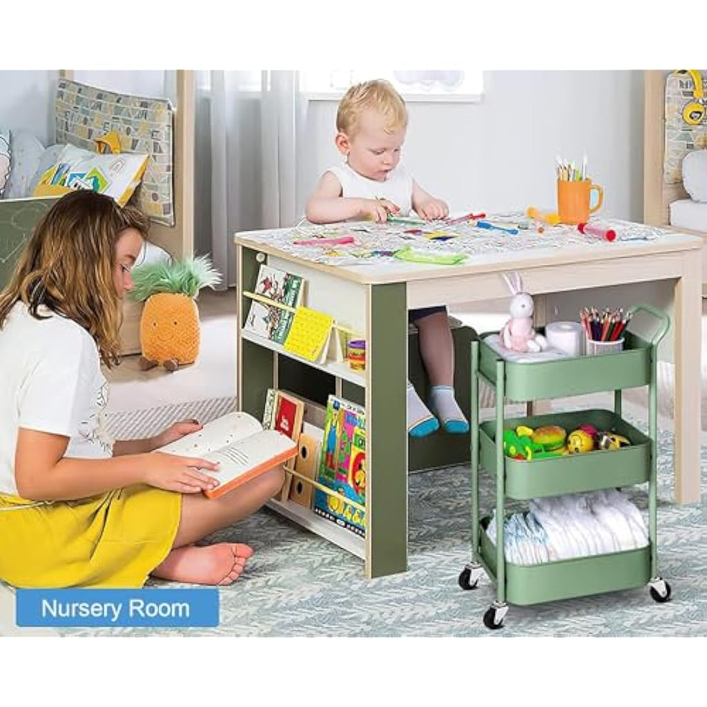 MISSLO 3-Tier Metal Rolling Utility Cart – Small Under Desk Storage, Green