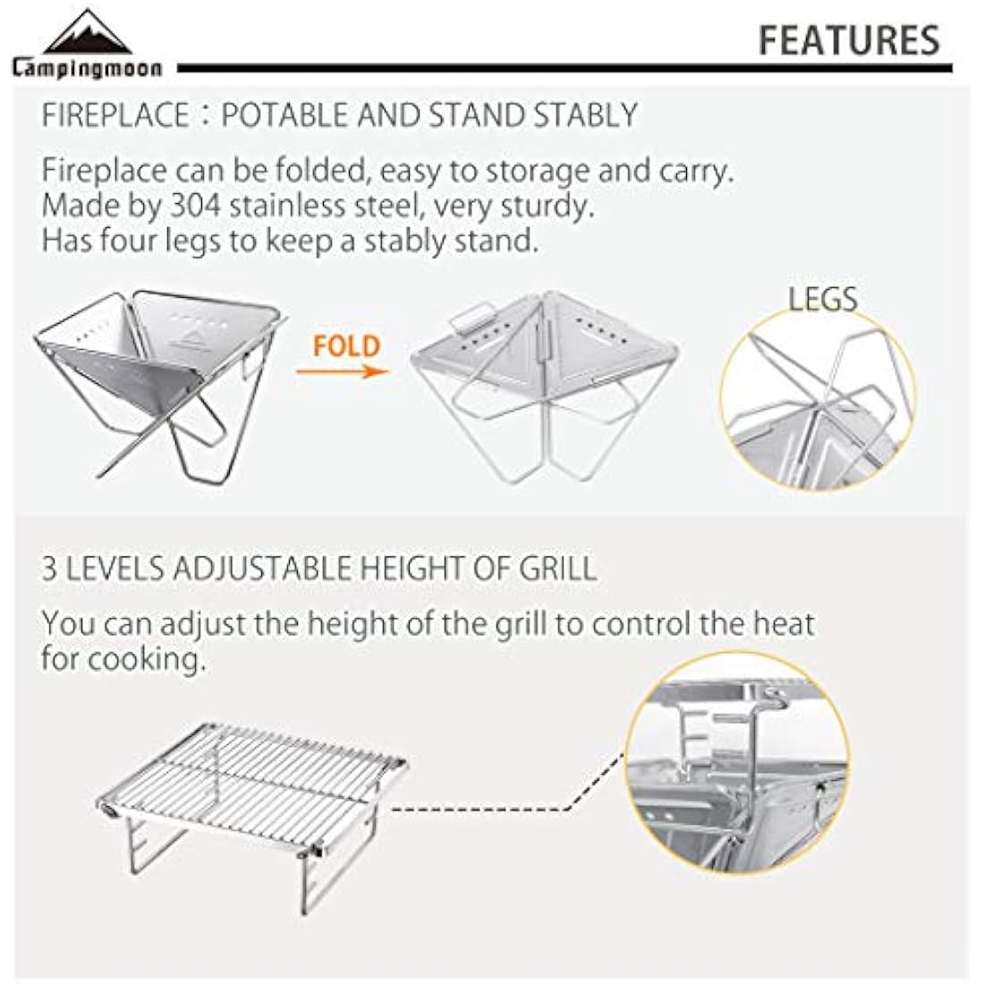 Campingmoon Portable Tabletop Charcoal Grill | Stainless Steel Mini Fire Pit