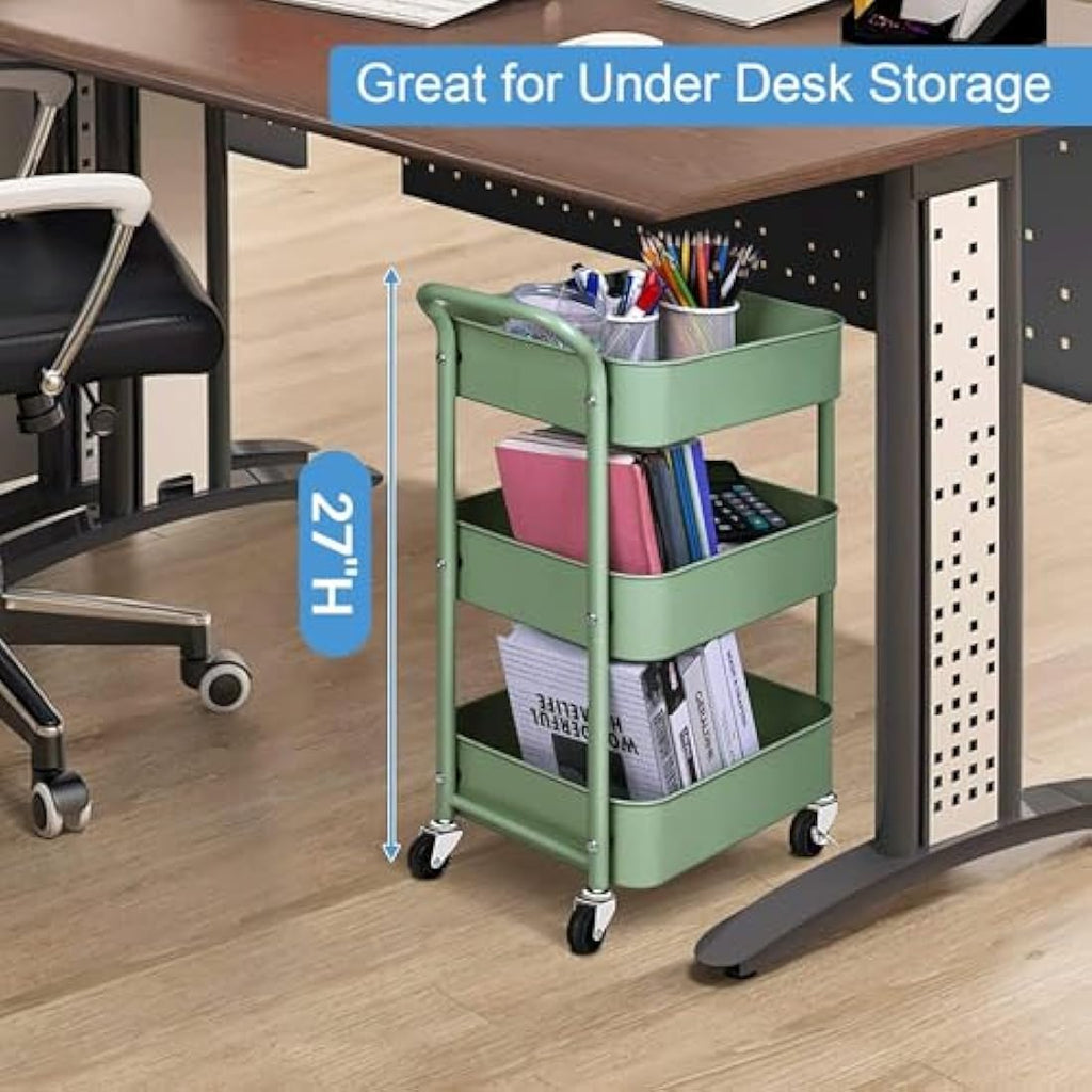 MISSLO 3-Tier Metal Rolling Utility Cart – Small Under Desk Storage, Green