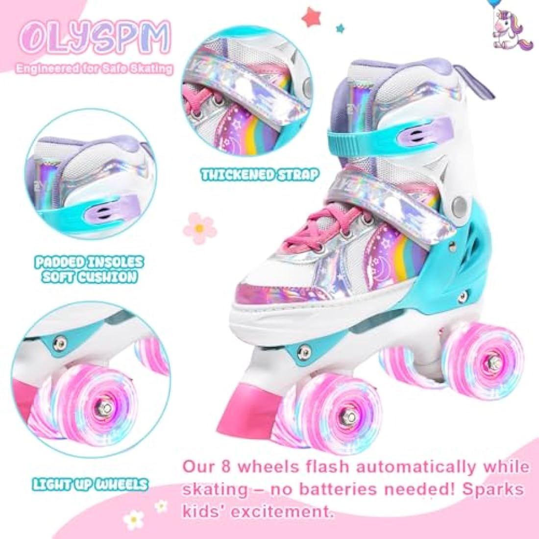 OLYSPM Kids Roller Skates | Adjustable Quad Skates with 8 Light Up Wheels