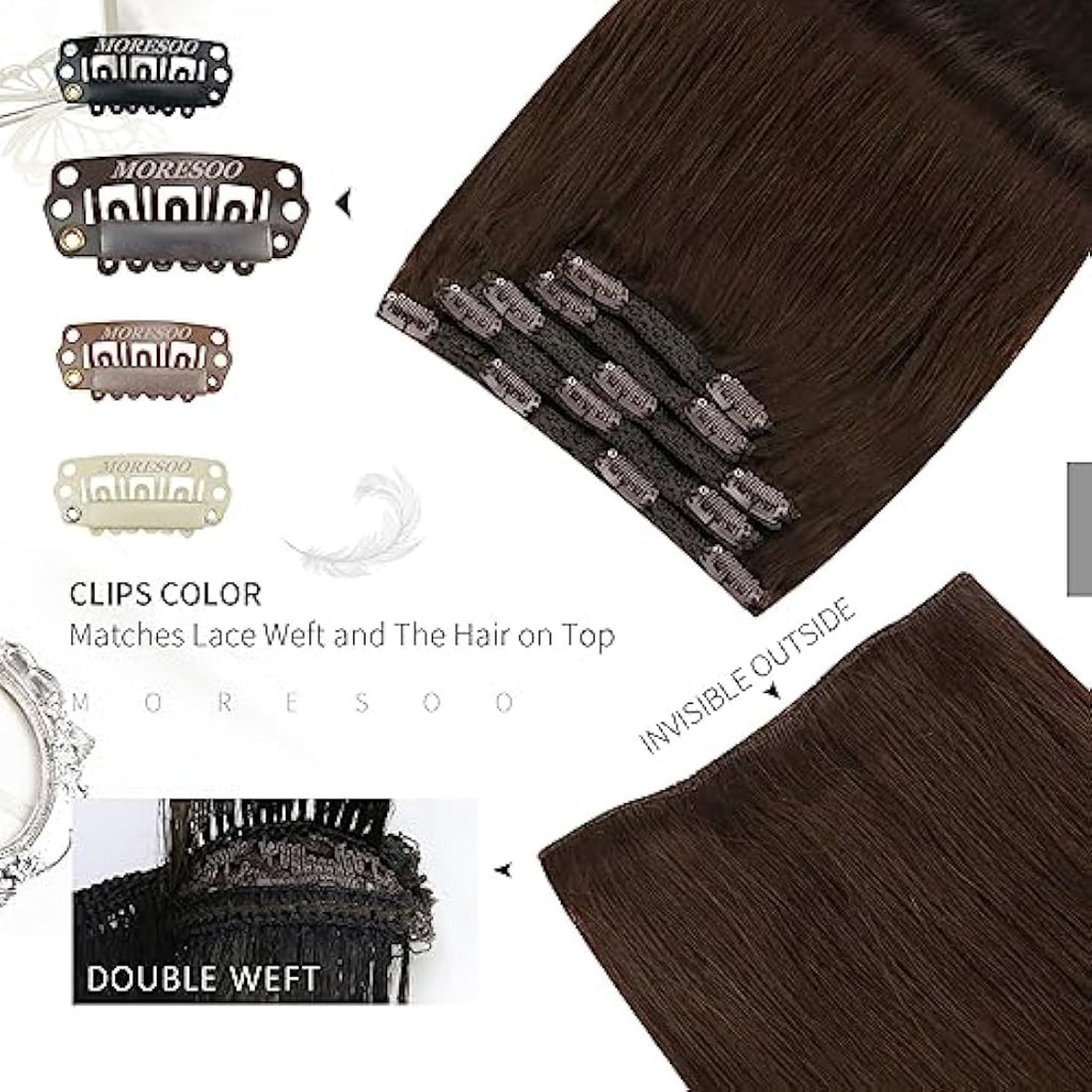 Moresoo Clip in Human Hair Extensions – 14 Inch Dark Brown Remy Hair 80g