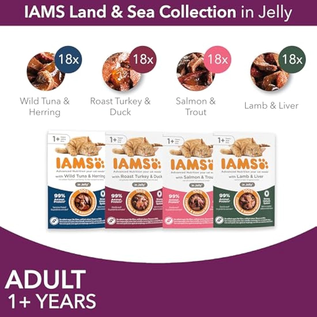 IAMS Adult Wet Cat Food Land & Sea in Jelly - High Protein 72 x 85g